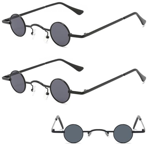 Tomedeks 2 Stück Sonnenbrille Rund,Runde Sonnenbrille,Vintage Sonnenbrille Mit Rundem Metall,Rahmen Retro Brille Mit Kleinem Kreis Hippie Ovale Sonnenbrille Für Männer Frauen,Lustige Brillen(Schwarz)