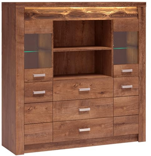 Lomadox Highboard Sideboard Kommode Wohnzimmerschrank modern in braun mit LED Beleuchtung