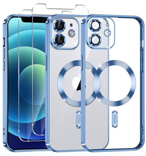 Phoona Cover Placcatura per iPhone 12 6,1 Pollici, Obiettivo per Fotocamera Protezione Completa e 2 × vetro temperato, Compatibile con MagSafe Ricarica Wireless, Protezione Militare, Blu