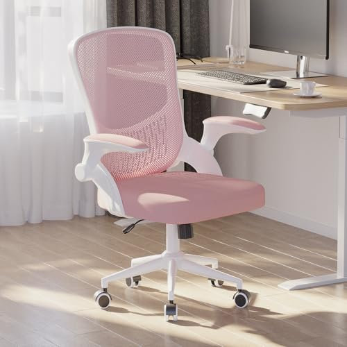 naspaluro Computer Desk Chair, Ergonomic Office Chairs with Flip-up Armrests, Mid-Back Mesh Chairs with Lumbar Support, Home Office Chair-Pink Chair