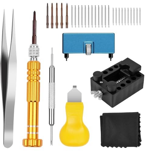 OFFCUP Watch Battery Replacement Kit, Watchmaker Repair Screwdriver, Spring Bar Tool Set, Watch Back Remover Holder, Strap Link Removal Adjustment Kit, Spring bar, Tweezers