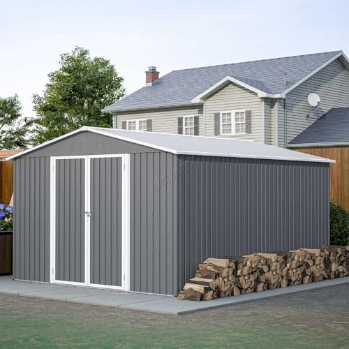 BIRCHTREE Garden Shed Metal Apex Roof 10FT X 12FT Outdoor Storage With Free Foundation Grey and White