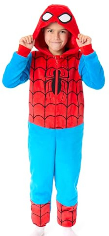 Marvel Spiderman Kids Onesie | Childrens Spiderman Character Graphic Print Hooded Sleepsuit in Blue | Childrens Superhero Suit Pajama Nightwear for Boys & Girls Comics Movie Merchandise Gift