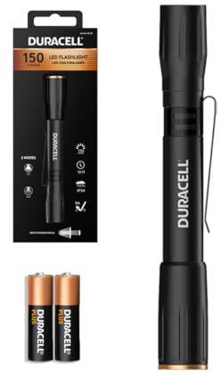 Duracell LED Stiftlampe DF150 – 150 Lumen, fokussierbar, 25m Leuchtweite, 2xAAA Batterien inkl., verschiedene Lichtmodi, Aluminiumgehäuse, kompakt & robust, sofort einsatzbereit