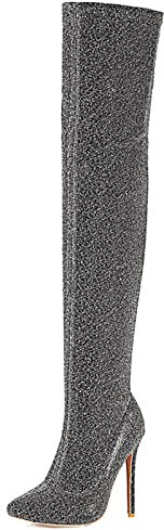 MJIASIAWA Donna Sopra Il Ginocchio Stylish Tacco A Spillo Appuntito Boots Vernice Inverno Festa Eleganti Cordoncino Shiny Stivali Alti Argento Numero 45 EU/47 Asiatico