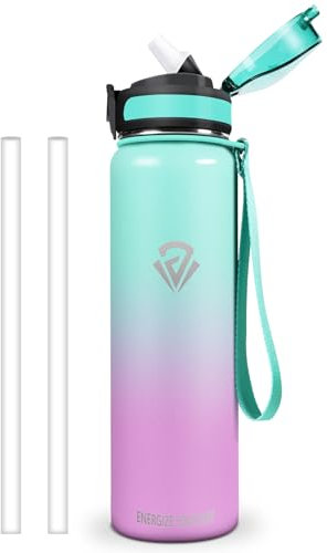 Vikastar Borraccia Termica, 1l Senza BPA, Thermos per Bevande Calde, Senza Perdite, Bottiglia Termica, Acciaio Inox, Borraccia Termica con Cannuccia per Adulto, Palestra, Ciclismo, Rosa Verdastro