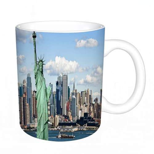 YFHJV Grosse Kaffeetasse - Bürotasse - Tasse Keramik Kaffeetassen Große 11oz - teetasse groß - cappuccino tassen - Foto Tourismus Konzept Skyline von New York mit New York Freiheitsstatue