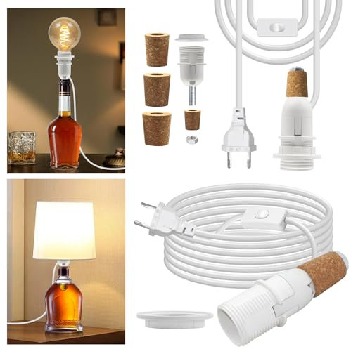 Adaptateur de bouteille, 2PCS Support Lampe Bouteille, E14 Kit Lampe de Bouteille, Douille Ampoule avec Cable et Interrupteur 240 cm, 3 Tailles de Bouchons, pas D'ampoule et Abat-jour, pour Salon