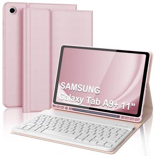 Coque Clavier pour Samsung Galaxy Tab A9 Plus/A9+ 11 Pouces, AZERTY Français Housse Clavier Bluetooth Magnétique Détachable avec Porte Crayon pour Samsung Galaxy Tab A9 Plus 11 2023, Rose