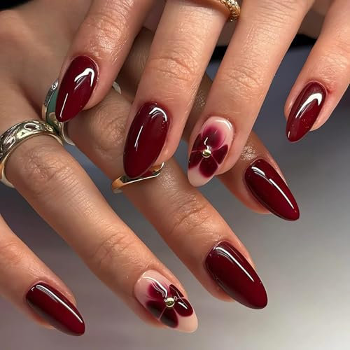 GlamRays Flower Press on Nail Almonds Red Fake Nail Cute Floral Stick on Nail Spring Maroon Acrylic Nails Full Coverage Medium 24 Pieces