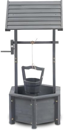 M&H Wooden Wishing Well Planter with Hanging Bucket and Trellis for Outdoor Use – Large Rustic Wooden Planter Box Garden Wishing Well Flower Pot Holder for Patio Lawn & Yard Garden Decor