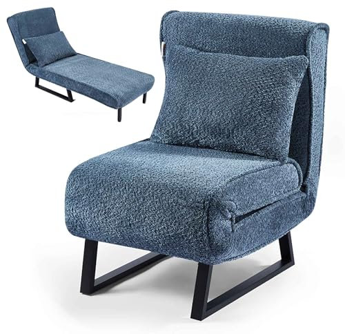 Makika Schlafsessel LEA aus Boucle 4in1 Schlafsofa Klappsofa - Bettfunktion Verstellbare Rückenlehne Ausklappbare Stützen - Inkl. Kopfkissen - Bis 200kg - Klappsessel Relaxsessel Gästebett Blau