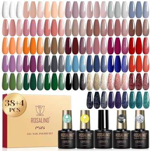 ROSALIND UV Nagellack Set 42 Stück Nude Braun Rot Orange Lila Grau Blau | Grün Glitzer Rot Schwarz Gel Nagellack Herbst Winter, Mini UV LED Farbgel Gelnägel für Nagel Design Gel Nail Polish Geschenk