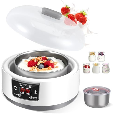 Probiotic Yogurt Maker with 5 Glass Jars and Stainless Steel Bowl, 1.2L Yogurt Maker Machine with Led Display, Adjustable Temp & Timer, Electric Yogurt Machine for Home Use Making Organic Yogurt,Natto