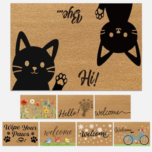 UNICRAFTALE Black Cats Printed Indoor Outdoor Mat Rectangle Polypropylene Fiber Ground Mat Hi Bye Cats Mats for Entryway Porch Cat Brown Mats for Natural Home Art Accessories