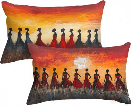 Kissenbezug 30 x 50 Afrika Kissenbezug Herbst Kissen Frau Muster 2er Set, Leinen Zierkissenbezüge Doppelseitig Drucken Unsichtbarem Reißverschluss für Deko Wohnzimmer Modern Geschenke für Frauen X-215