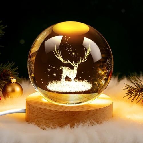 Weihnachtsdeko 3D Kristallkugel mit LED-Licht Schneekugel Nachtlicht, Schneekugel Nachtlicht Weihnachten deko mit Holzsockel Kristallkugel N achtlicht Kreative Nachtszene Astronomie LED Ball Lampe