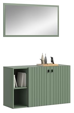 xonox.home – 2-TLG. Garderobenkombination Station 106x192x37 cm in Smoke Green – Kleine Garderoben-Kombi aus Schuhkommode und Spiegel – perfekt für kleine Diele