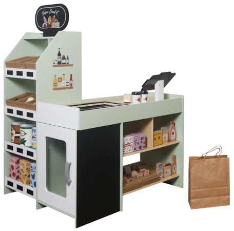 Holz Kaufladen Supermarkt Pastellgrün – Großer Spielstand für Kinder mit 58-TLG. Zubehör | Registrierkasse, Lebensmittel, Fast Food & Spielgeld | Stabiler Holz-Supermarkt für Rollenspiele