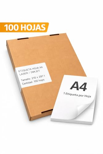 100 Etiquetas Adhesivas A4 1 Etiqueta por Hoja 100 Hojas Hoja Completa 210x297 mm Papel Autoadhesivo Blanco Mate Compatible con Impresoras Láser e Inkjet (100, 1 Etiqueta por Hoja)