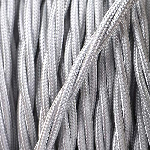 ElekTek Silver Vintage-Style Twisted Braided Fabric Covered Lighting Flex Cable, Sold Per 1 Meter, 3-Core 6 Amp (0.75mm), EU Manufactured