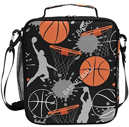 Hunihuni Basketball Pattern Insulated Lunch Box Tote Bag Leakproof Bento Box with Adjustable Shoulder Strap for Adults & Kids