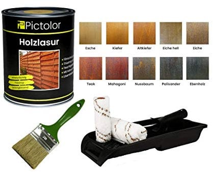 Pictolor Holzlasur 0,75 Liter Eiche + Lasurpinsel 70mm + Walzenset
