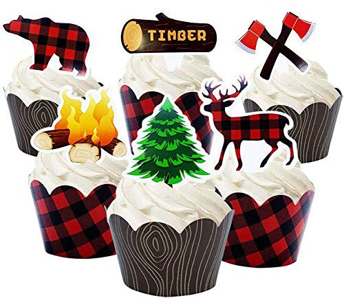 packingmaster 24 Pack Woodland Camping Lumberjack Deer Baby Bear Tree Campfire Axe Cupcake Toppers and Plaid Wood Grain Double Sided Cupcake Wrappers for Woodland Camping Lumberjack Party Supplies