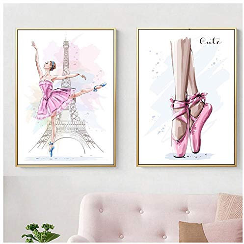 Jwqing 2 Stück Leinwand HD Drucke Moderne Paris Turm Bild Ballett Mädchen Malerei Nordischen Stil Wandkunst Wohnkultur Poster Für Wohnzimmer (40x60 cm Kein Rahmen)