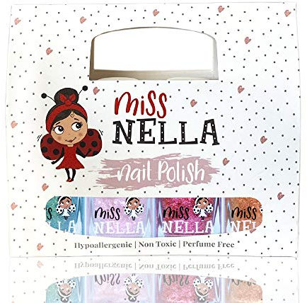 Miss Nella magische Sammlung Glitzer Nagellack 4er Set: rosa, rot Gold & blau, abziehbarer Nagellack speziell für Kinder, Peel-Off-Formel, ungiftig, wasserbasiert und geruchsneutral