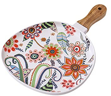 PDOOR 12 inchPlato Llano de Porcelana Mate, Elegantes Platos para Servir Flores con Mango de Madera para bistec, Pasta y Ensalada