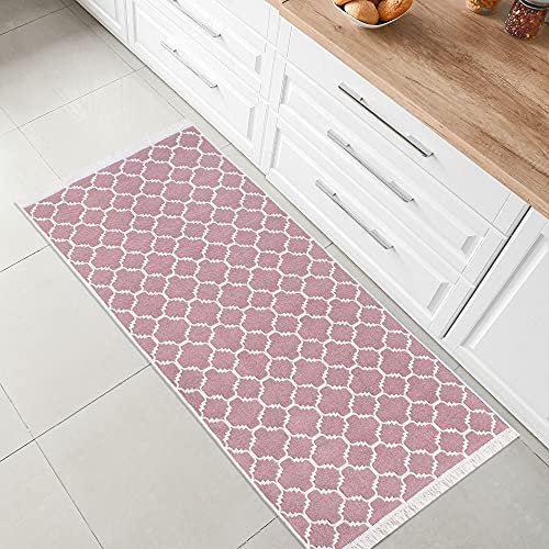 Fashion4Home Teppich Läufer - Tepiche für Wohnzimmer, Schlafzimmer, Küche, Kinderzimmer, Badezimmer - Boho Kelim - Läufer Flur, Morocco-Altrosa-Weiß, Größe: 60x90 cm