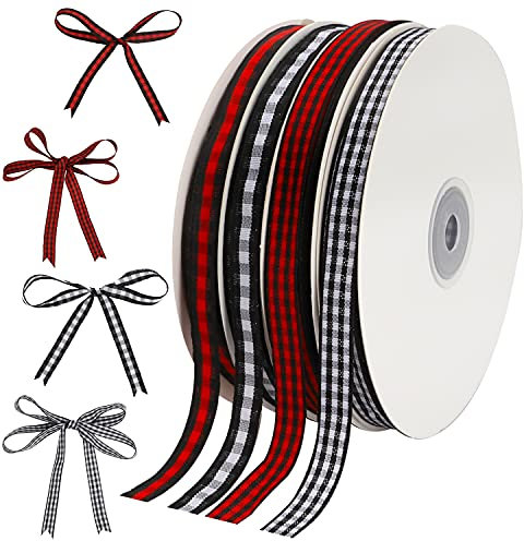 Kingovalley Geschenkband für Weihnachten, 1 cm x 45,7 m, Schwarz / Rot / Büffelkariert, kariert, Schwarz / Weiß