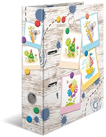 HERMA Ordner A4 Kinder Holzoptik Set, 10 Stück, 7 cm breit, Ringordner mit Kindergarten Tiere Motiv, bunter Aktenordner mit Innendruck für Jungen, Mädchen und Kinder