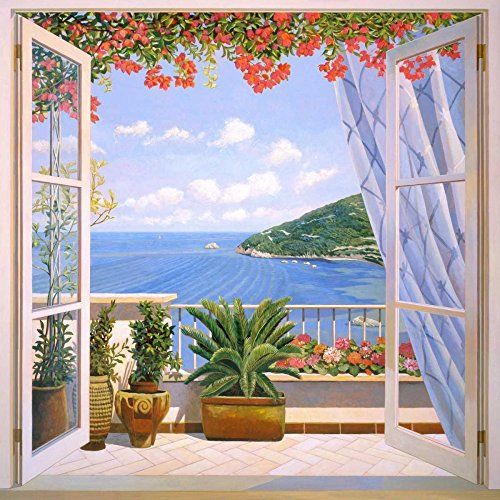 ART-TELA-allungato-su-LEGNO -BARRE Finestra sul mare Del Missier Andrea - Immagine quadrata costiera finestra piante mare fiori terrazzo balcone costa su Fine art pri 37_X_37_in