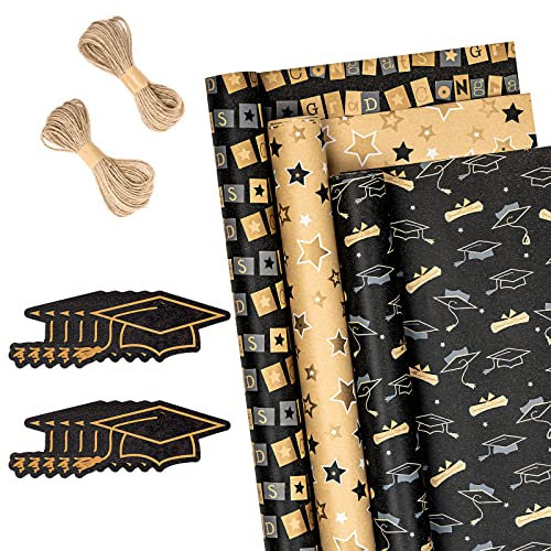 RUSPEPA Geschenkpapierrollen Mit Etiketten, Juteschnur – 43 cm X 3 Meter Pro Rolle, Insgesamt 3 Rollen, Graduierung