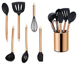 ECHTWERK Ustensiles cuisine, 7 pièces, silicone antiadhésive, manche inox, support, édition cuivre.