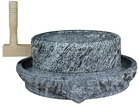 Handmade Bluestone Mill, Natural Granite Paste Mill Hand Dry/Wet Grain Pulverizer with Wooden Frame for Grain, Bean and Barley (9.85 * 13.8 inch)