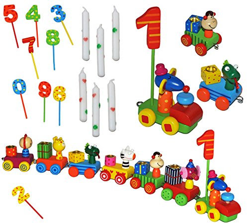 alles-meine.de GmbH großes Set Geburtstagszug & Geburtstagskerzen - lustige Tiere - mit Zahlen 0 bis 9 - aus Holz - Lok Eisenbahn - Kindergeburtstag - Holzzug - bunt mit Anhä..