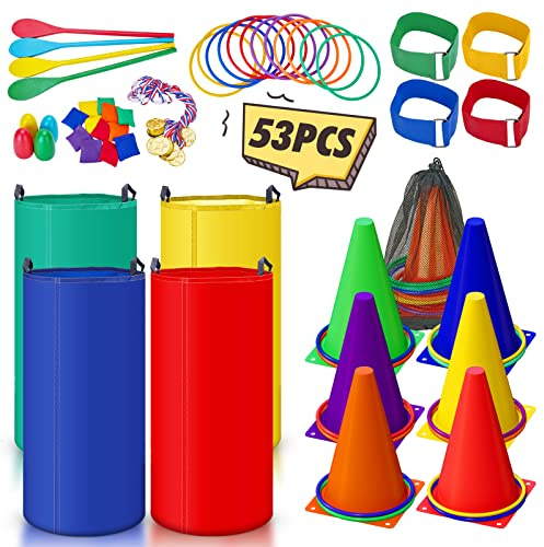 53PCS Outdoor Lawn Carnival Games Bean Bags Ring Toss Set Potato Sack Race Bags Egg and Spoon Race Party for Kid Adult Family,Birthday Party Family Reunion Outside Field Day Games Easter