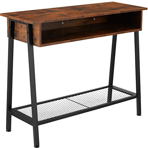 tectake Konsolentisch mit Staufach, Konsole, 100 x 35 x 80,5 cm, Holz Flurtisch Sideboard mit Gitterablage, Industrie-Design, schwarzes Metallgestell in Trapezform (Industrial Dunkelbraun)