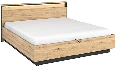 Mirjan24 Bett Quant QS-02 mit Bettkasten, Ehebett, Lattenrost mit Metallrahmen und Zwei Gasdruckfedern, Elegante Doppelbett für Schlafzimmer (Eiche Artisan/Eiche Artisan + Schwarz, 180 x 200 cm)