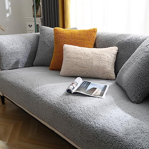 SHANNA Dicker Lamm Imitat Sofabezug 1 2 3 4-Sitzer L-Form, Neue Universelle rutschfeste Sofabezüge Superweiche Staubdichte Sofabezüge für Wohnzimmer (Grau, 90 * 180 cm)