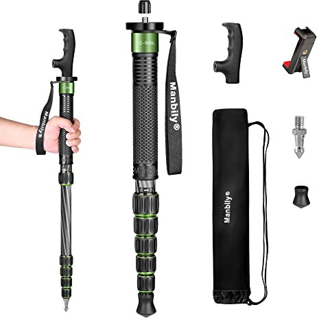 Camera Stand Monopod Manbily Walking Stick Monopods for Cameras Carbon Fiber Portable Compact Travel Monopod Unipod Stick with Handle 6 Sections 61 inch 7 kg for DSLR Video Camcorder Stand (Green)