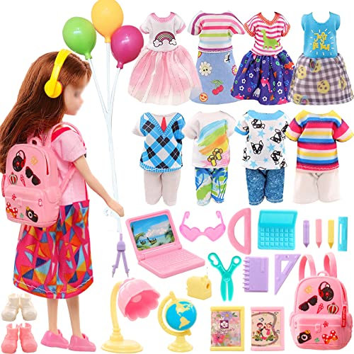30 Kleidung Schuhe Zubehör für 6 Zoll 15 cm Puppen 3 Kleider 3 Oberteile 3 Hose 2 Paar Schuhe 1 Luftballons 18 Schulspielzeug für Puppen
