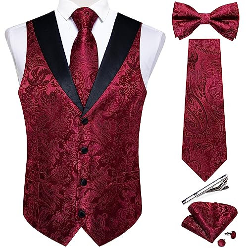 DiBanGu Seiden-Anzugweste für Herren, Schalkragen, Weste mit Krawatte, Fliege, Krawattenclip, Einstecktuch, Manschettenknöpfe, Weste, Burgunder, XX-Large