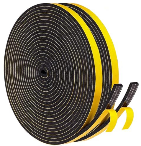 Draft Excluder for Doors/Windows, Weather Stripping 6mm(W) x 3mm(T) Gasket Seal Foam Tape，Anti-Collision Draught Excluder Shockproof Furniture Protector, 2 Rolls, Total 20M Long Black