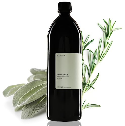 NAKURA Raumduft Nachfüller, Refill für Lufterfrischer Salbei - ROSMARIN Bio 1000 ml - natürlich mit reinen ätherischen Ölen - Aromatherapie