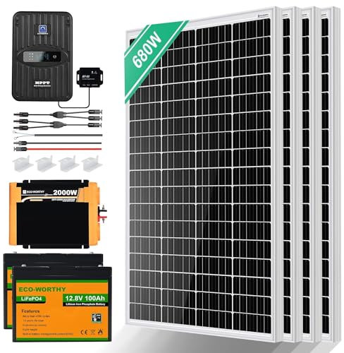 ECO-WORTHY 2.72kW·h Solarsystem, 680W 12V Solaranlage Komplettset für Wohnmobil: 4 Stücke 170W Solarmodul + 40A MPPT Laderegler + 2 Stücke 100Ah Lithiumbatterie + 2000W Wechselrichter