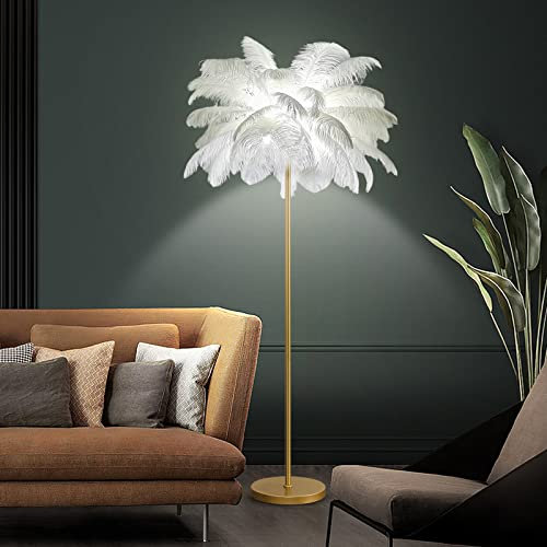 Federlampe Stehlampe Wohnzimmer Feder Stehlampe Gold, Stehlampe aus Natürlichen Weiß Straußenfedern Lampe, Hohe Federlampen, Stehlampen Feder Moderne Stehleuchte Lampe für Wohnzimmer Schlafzimmer